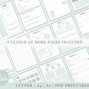 Peut inclure: Un ensemble de pages de planificateur imprimables dans un sch&eacute;ma de couleurs vert clair et blanc. Les pages comprennent un planificateur quotidien, une planification de publication de blog, un planificateur vid&eacute;o, des couleurs de marque, un planificateur Instagram, un planificateur de s&eacute;rie et une page avec 30 invites &agrave; l'action. Le texte "A GLANCE AT MORE PAGES INCLUDED" est imprim&eacute; en noir en haut de la page.