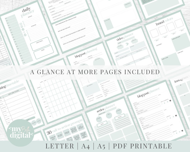 Peut inclure: Un ensemble de pages de planificateur imprimables dans un sch&eacute;ma de couleurs vert clair et blanc. Les pages comprennent un planificateur quotidien, une planification de publication de blog, un planificateur vid&eacute;o, des couleurs de marque, un planificateur Instagram, un planificateur de s&eacute;rie et une page avec 30 invites &agrave; l'action. Le texte "A GLANCE AT MORE PAGES INCLUDED" est imprim&eacute; en noir en haut de la page.