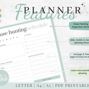 May include: A printable house hunting planner with a green and white color scheme. The planner includes a weekly schedule, to-do list, and space for notes. It also features checklists for house hunting and inspections, daily, weekly, and monthly planning sheets, mortgage and finance pages, and room renovation and design planning pages.