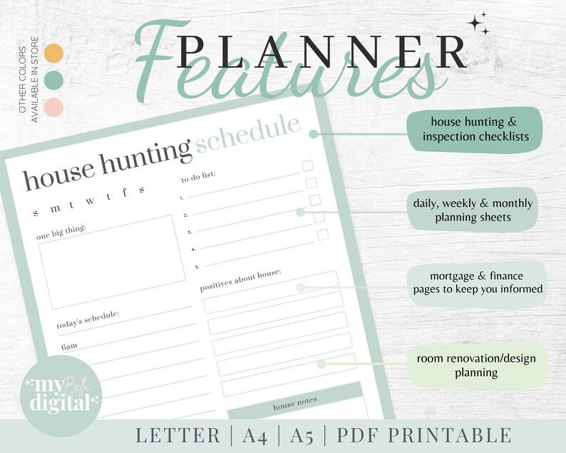 May include: A printable house hunting planner with a green and white color scheme. The planner includes a weekly schedule, to-do list, and space for notes. It also features checklists for house hunting and inspections, daily, weekly, and monthly planning sheets, mortgage and finance pages, and room renovation and design planning pages.