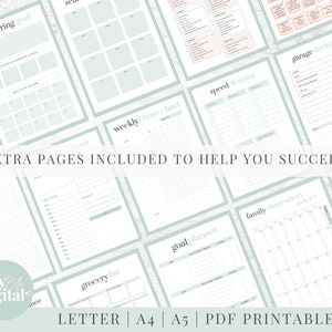 May include: A collection of printable PDF planner pages in a soft green and white color scheme. The pages include decluttering goals, chore charts, cleaning routines, and goal planners. Text on the pages includes "EXTRA PAGES INCLUDED TO HELP YOU SUCCEED" and "LETTER | A4 | A5 | PDF PRINTABLE".
