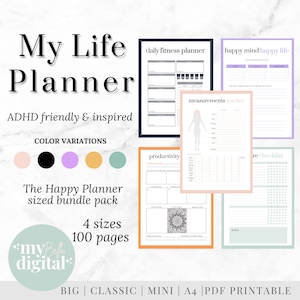 May include: A digital planner bundle with the text "My Life Planner" in black text. The planner is ADHD friendly and inspired. It comes in four sizes and 100 pages. The bundle includes a daily fitness planner, a happy mind happy life planner, a measurements tracker, a productivity planner, and a checklist. The planner is available in five color variations: pink, black, purple, yellow, and green.