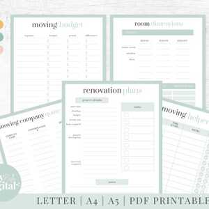 May include: Printable checklist for moving and renovation planning. Includes sections for moving budget, moving company quotes, room dimensions, renovation plans, and moving helpers. The checklist is in a light green and white color scheme.