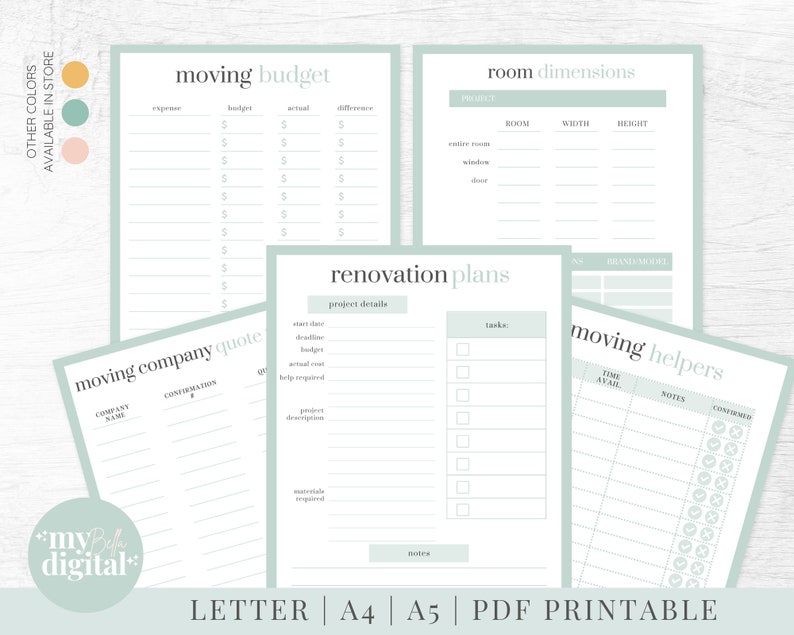 May include: Printable checklist for moving and renovation planning. Includes sections for moving budget, moving company quotes, room dimensions, renovation plans, and moving helpers. The checklist is in a light green and white color scheme.
