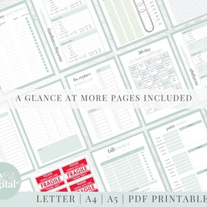 May include: A collection of printable planner pages in a light green and white color scheme. The pages include a moving company guide tracker, a 30-day declutter challenge, a bill tracker, a paint tracker, and a mortgage comparison chart.
