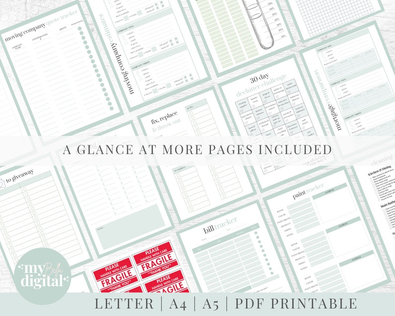 May include: A collection of printable planner pages in a light green and white color scheme. The pages include a moving company guide tracker, a 30-day declutter challenge, a bill tracker, a paint tracker, and a mortgage comparison chart.