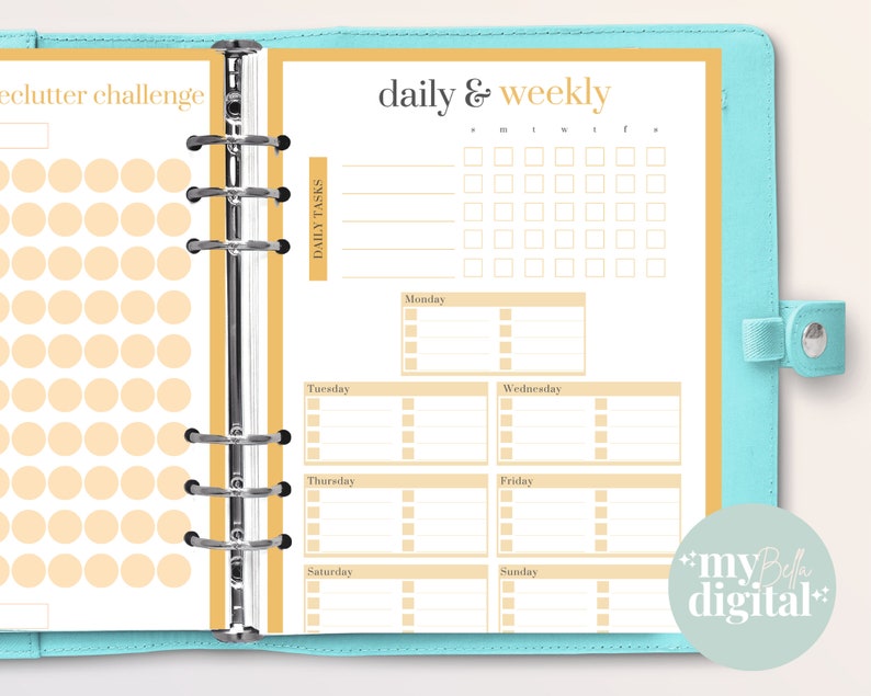 May include: A printable planner page with a yellow and white color scheme. The page is divided into two sections: a declutter challenge with a grid of circles and a daily and weekly planner with a grid of squares.