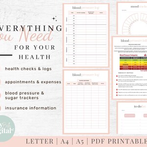 May include: A printable health tracker with pink and white accents. The tracker includes sections for health checks and logs, appointments and expenses, blood pressure and sugar trackers, insurance information, and a to-do list. The text "EVERYTHING You Need FOR YOUR HEALTH" is at the top of the page.