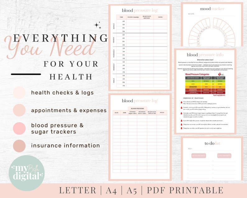 May include: A printable health tracker with pink and white accents. The tracker includes sections for health checks and logs, appointments and expenses, blood pressure and sugar trackers, insurance information, and a to-do list. The text "EVERYTHING You Need FOR YOUR HEALTH" is at the top of the page.