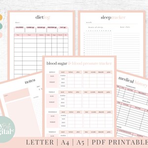 May include: Printable PDF sheets for tracking diet, sleep, blood sugar, blood pressure, and medical history. The sheets are pink with black text and include sections for notes, dates, times, and measurements.