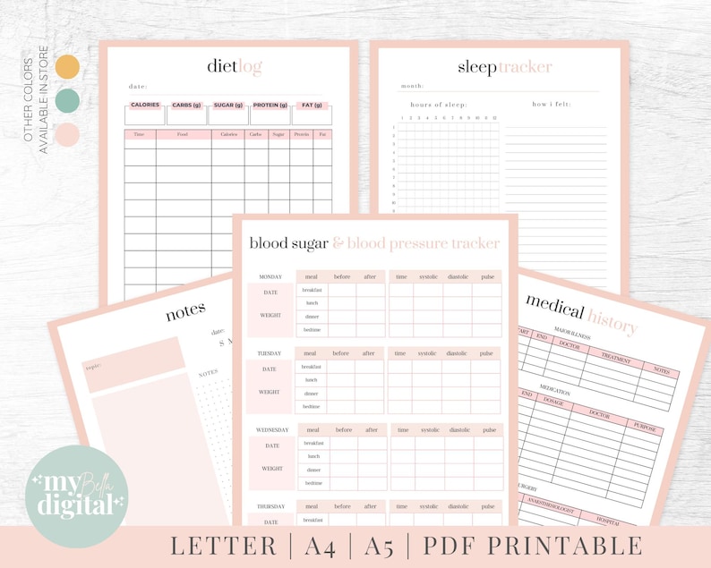 May include: Printable PDF sheets for tracking diet, sleep, blood sugar, blood pressure, and medical history. The sheets are pink with black text and include sections for notes, dates, times, and measurements.