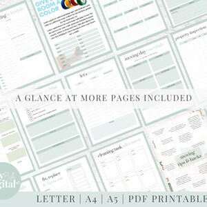 May include: A set of printable PDF pages for organizing a house hunt and move. The pages include checklists, timelines, and tips for moving day. The pages are designed with a light green and white color scheme.