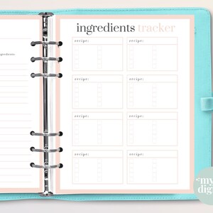 May include: A pink and white printable planner page with the title "ingredients tracker". The page is divided into six sections, each with the heading "recipe:" and space for writing down ingredients.