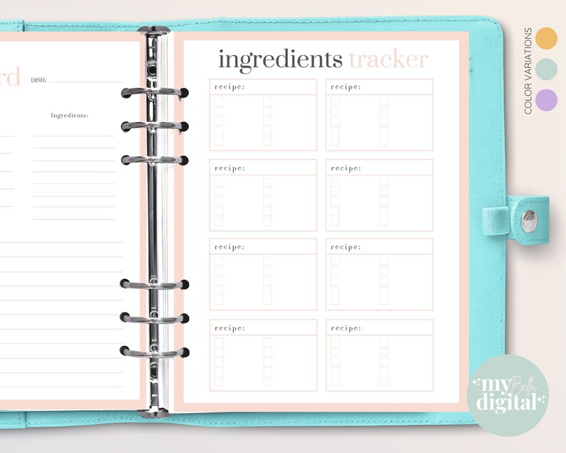 May include: A pink and white printable planner page with the title "ingredients tracker". The page is divided into six sections, each with the heading "recipe:" and space for writing down ingredients.