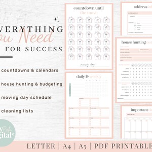 May include: A printable checklist for moving, with sections for countdowns, house hunting, moving day schedule, cleaning lists, and important dates. The checklist is designed in a pink and white color scheme with a minimalist aesthetic.
