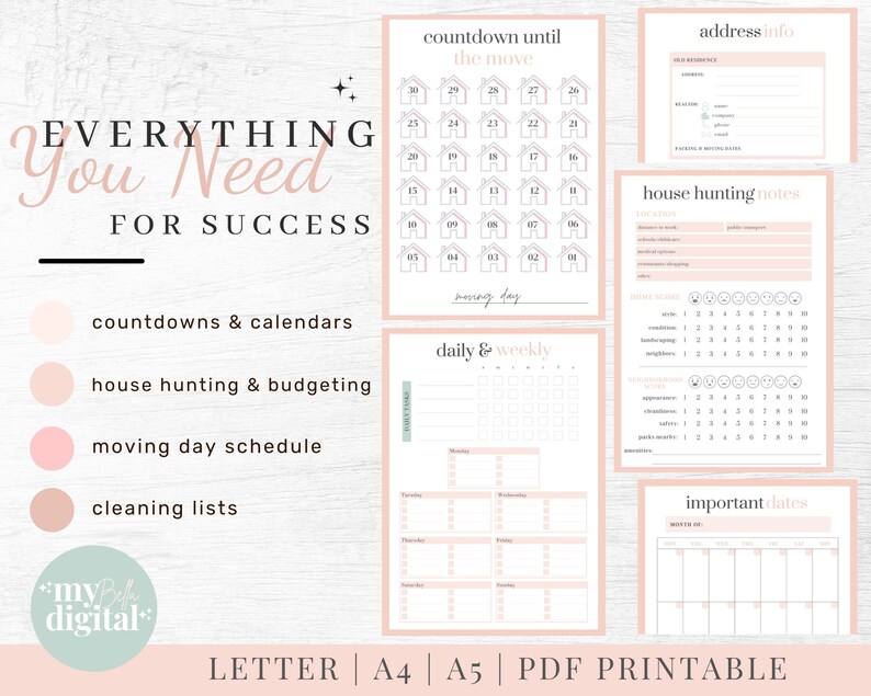 May include: A printable checklist for moving, with sections for countdowns, house hunting, moving day schedule, cleaning lists, and important dates. The checklist is designed in a pink and white color scheme with a minimalist aesthetic.