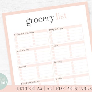 May include: A printable grocery list template with categories for fruits and vegetables, dairy and eggs, meat and fish, frozen, canned, beverages, baking, and bread/pasta/grains. The template is in a light pink color with black text.
