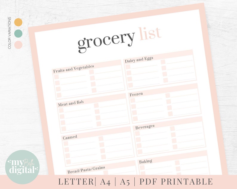 May include: A printable grocery list template with categories for fruits and vegetables, dairy and eggs, meat and fish, frozen, canned, beverages, baking, and bread/pasta/grains. The template is in a light pink color with black text.