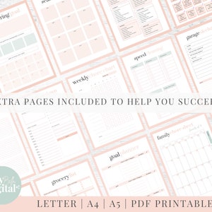 May include: A set of printable planner pages in pink and green with titles such as "decluttering goal", "weekly chore chart", "speed cleaning", "garage declutter", "family chore sheet", "goal planner", and "grocery list". The pages are designed to help you succeed in your daily tasks and goals.