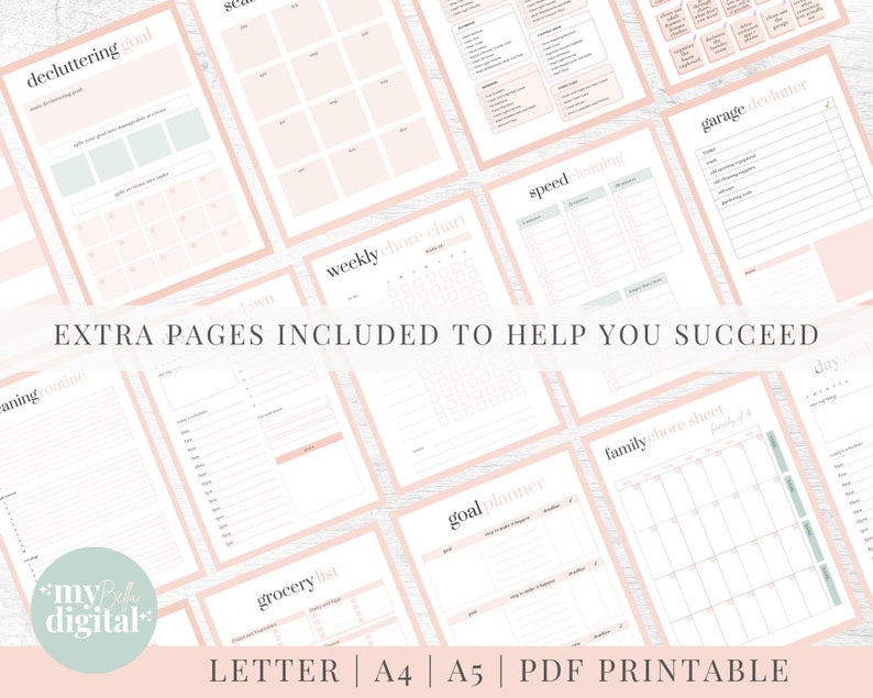 May include: A set of printable planner pages in pink and green with titles such as "decluttering goal", "weekly chore chart", "speed cleaning", "garage declutter", "family chore sheet", "goal planner", and "grocery list". The pages are designed to help you succeed in your daily tasks and goals.