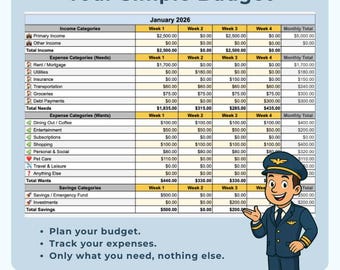 Puede incluir: Una plantilla de planificación presupuestaria titulada "Your Simple Budget" para enero de 2026, con categorías de ingresos, gastos y ahorros. Incluye un personaje de piloto de dibujos animados. Texto: Planifica tu presupuesto, controla tus gastos.