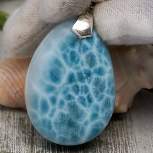 Genuine Larimar Teardrop Turtleback Pendant in Silver – Handmade AAA Blue Larimar Necklace, Unique Larimar Jewelry Gift for her