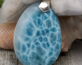 Genuine Larimar Teardrop Turtleback Pendant in Silver – Handmade AAA Blue Larimar Necklace, Unique Larimar Jewelry Gift for her