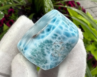 Polished Dominican Larimar Cabochon, Kidney Pattern Blue Stone, Caribbean Jewelry Making