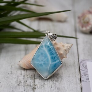 Natural Larimar Pendant Necklace – Sterling Silver Blue Gemstone Jewelry – Handmade Boho Beach Gift for Her