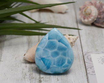Natural dominican Larimar big teardrop polished handmade cabochon top quality blue turtleback pattern