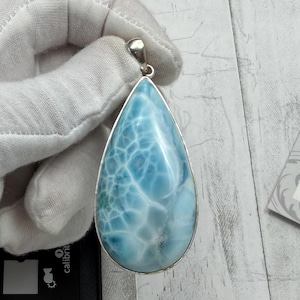 Droppformad Larimar-hänge | Halsband i sterlingsilver med halvmåne och ädelsten