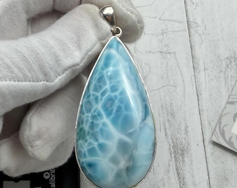 Teardrop Larimar Pendant | Sterling Silver Crescent Gemstone Necklace