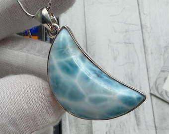 Moon Larimar Pendant | Sterling Silver Crescent Gemstone Necklace
