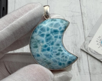 Moon Larimar Pendant | Sterling Silver Crescent Gemstone Necklace