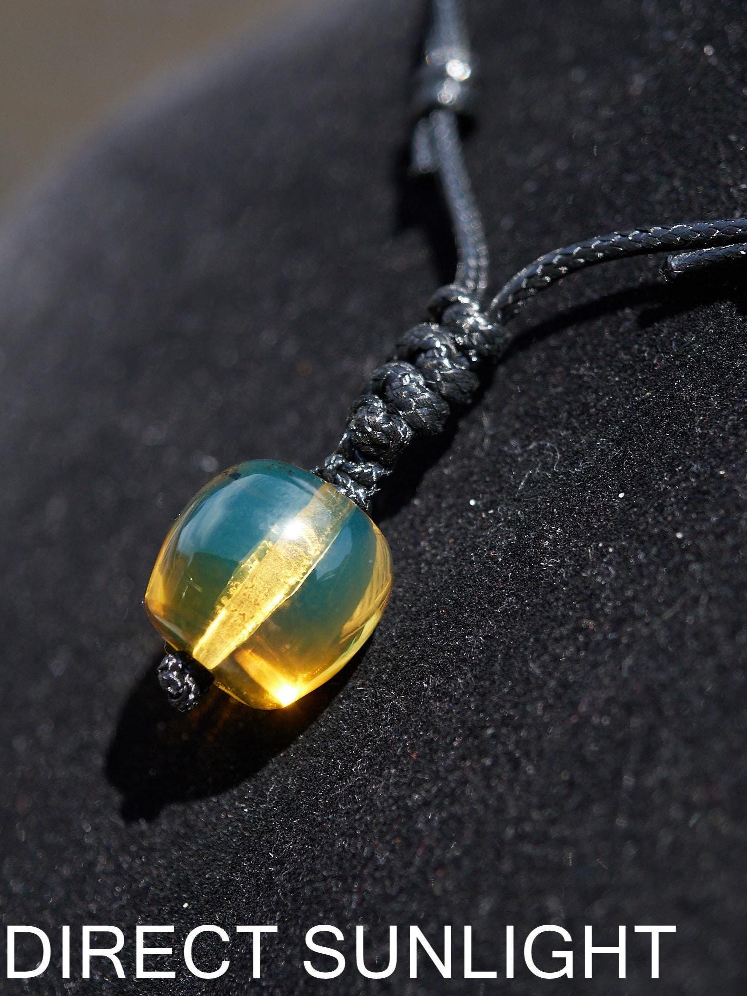 Dominican Blue Amber big cabochon pendant , natural shape blue amber , Gift For Her, Christmas gift , blue amber leather rope necklace