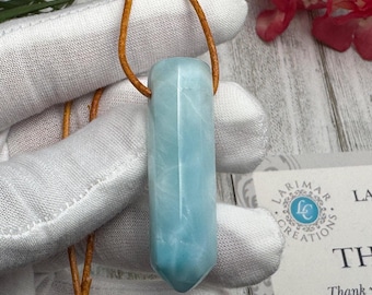 Handmade Larimar Pointer Necklace, Dominican Blue Gemstone Pendant, Leather Cord Jewelry