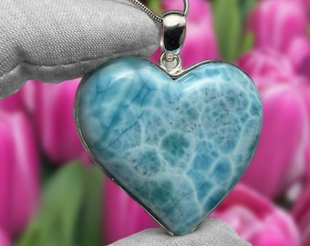 Larimar Heart Pendant Necklace: Sterling Silver Cabochon
