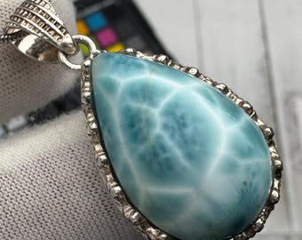 Polished Larimar Pendant, Sterling Silver Necklace, AAA Dominican Gemstone