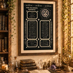 May include: A framed wall poster titled The Alchemy Symbols featuring a black background with white text and diagrams. The chart displays various categories of alchemical icons, including elements, metals, minerals, and measurement units.