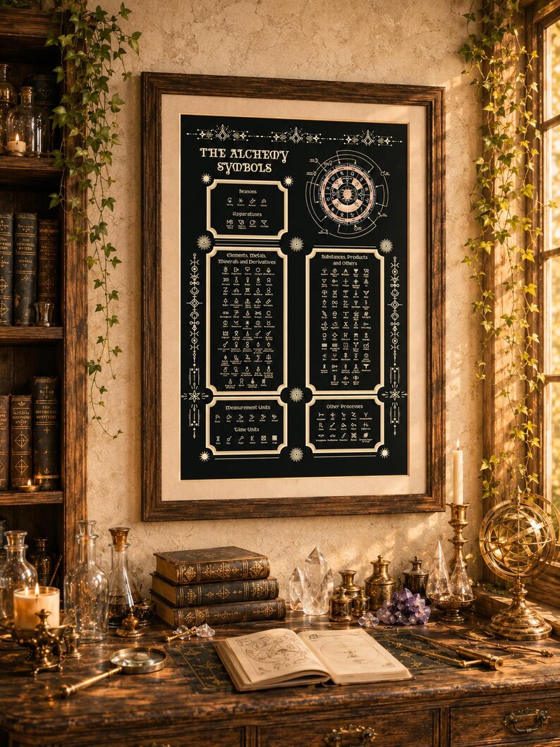 May include: A framed wall poster titled The Alchemy Symbols featuring a black background with white text and diagrams. The chart displays various categories of alchemical icons, including elements, metals, minerals, and measurement units.