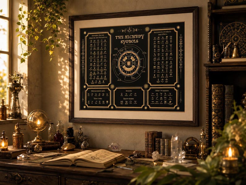 Puede incluir: Una l&aacute;mina de arte mural enmarcada titulada The Alchemy Symbols con un fondo negro con texto y diagramas dorados. La impresi&oacute;n muestra varios s&iacute;mbolos alqu&iacute;micos, tablas y un dise&ntilde;o circular central, todo ello en un marco de madera oscura.