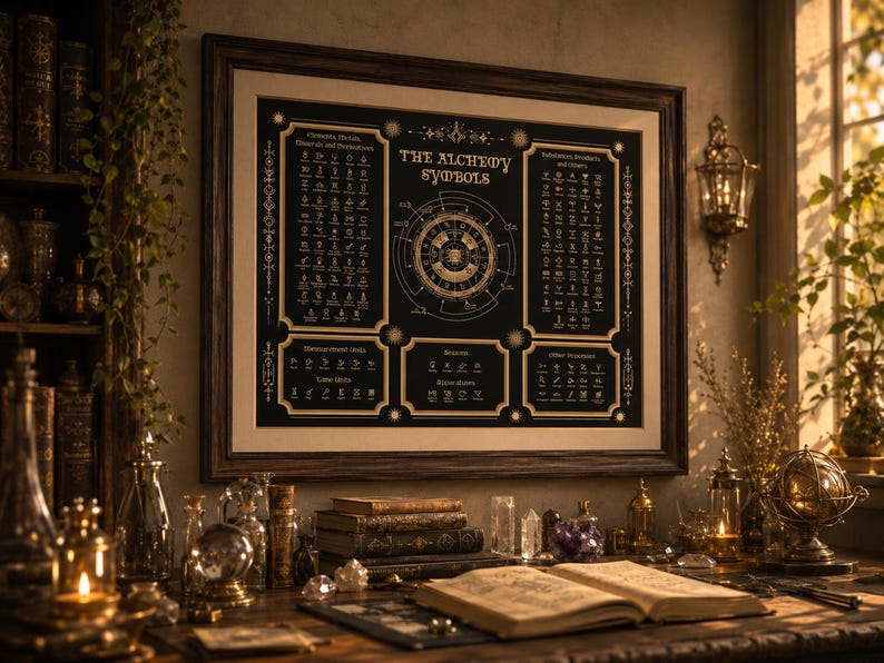 Póster de símbolos de alquimia, arte mural ocultista imprimible, guía de estudio místico, descarga digital - Horizontal oscuro imagen 13