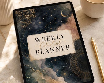 May include: A digital tablet displaying a Weekly Celestial Planner cover with a dark blue and gold watercolour background featuring stars, a crescent moon, and constellations. The centre has a cream-coloured rectangular label with black text.