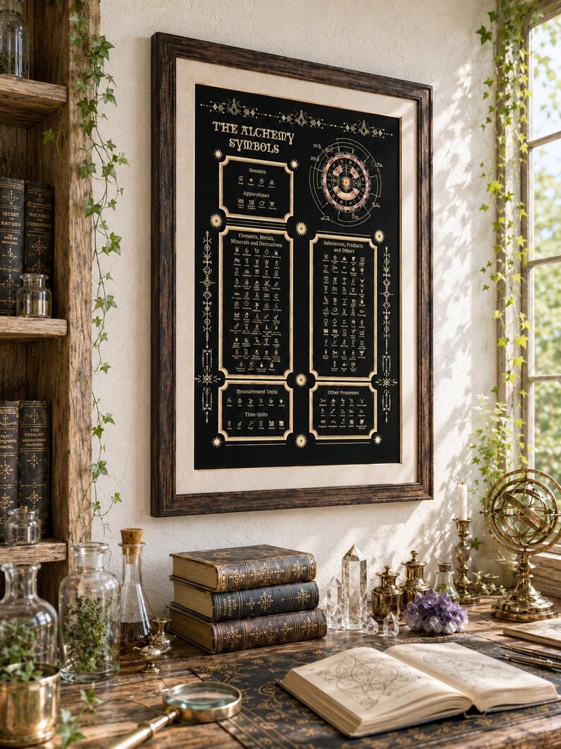 May include: A framed wall poster titled The Alchemy Symbols featuring a black background with gold-colored text and diagrams organized into sections including elements, metals, minerals, and various scientific apparatuses and measurement units.