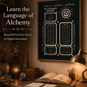 May include: A framed black poster titled The Alchemy Symbols featuring white diagrams, charts, and various alchemical icons organized into sections. The text Learn the Language of Alchemy and Beautiful Esoteric Decor Digital Download is visible.