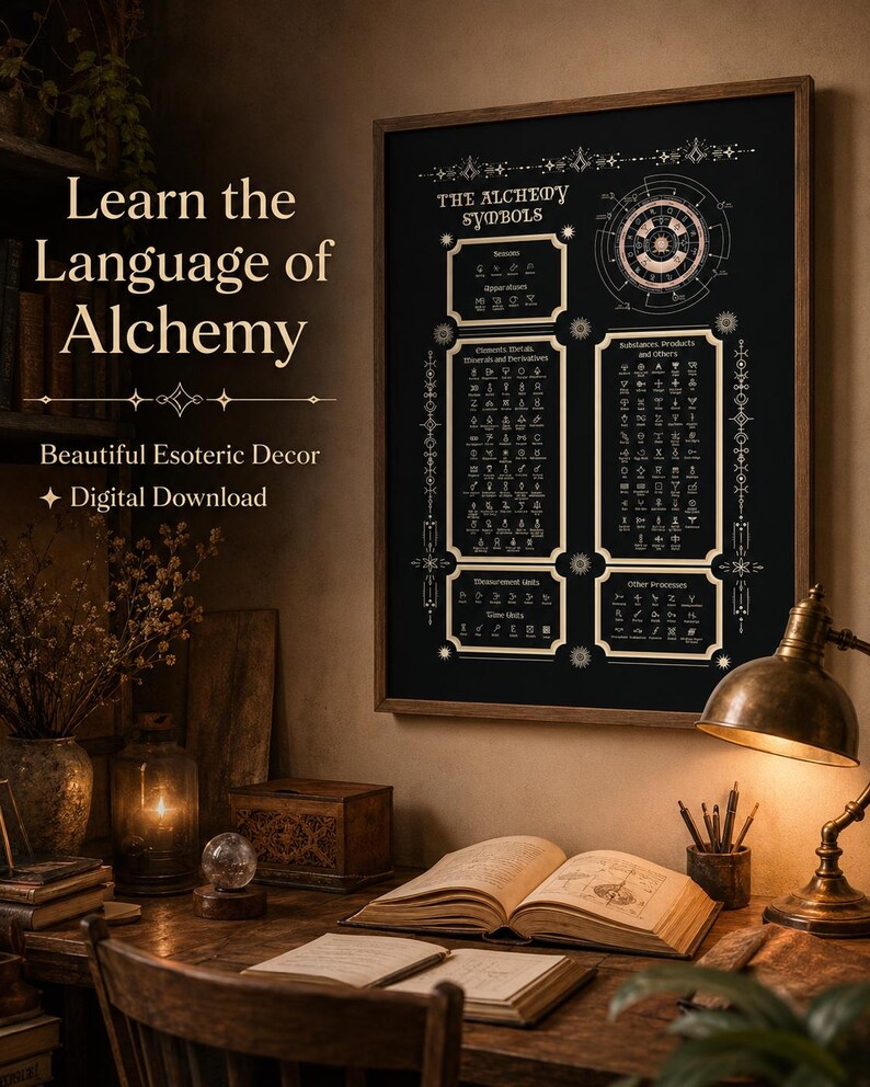 May include: A framed black poster titled The Alchemy Symbols featuring white diagrams, charts, and various alchemical icons organized into sections. The text Learn the Language of Alchemy and Beautiful Esoteric Decor Digital Download is visible.
