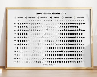 2025 Moon Phase Calendar -  Monochrome Poster Art - Printable PDF