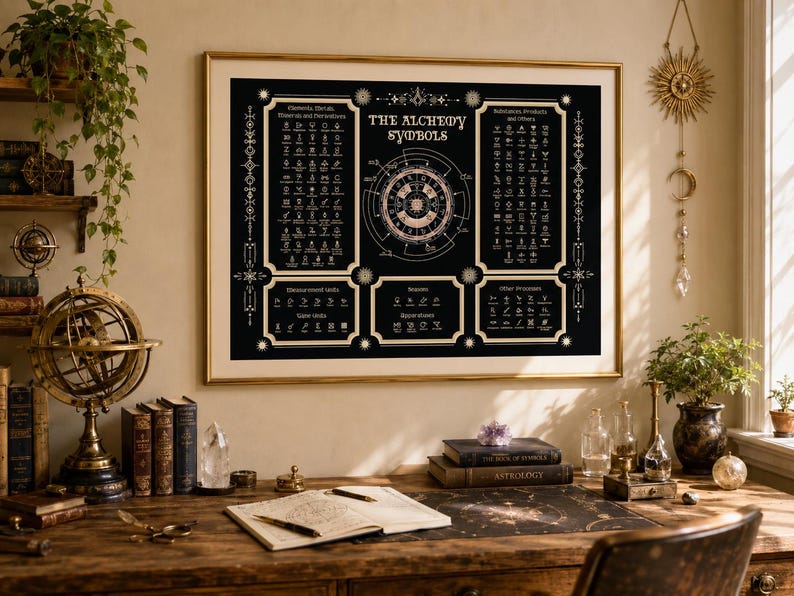 Puede incluir: Un p&oacute;ster de pared enmarcado titulado The Alchemy Symbols con fondo negro y texto y diagramas en color dorado. El gr&aacute;fico muestra varios s&iacute;mbolos alqu&iacute;micos, unidades de medida y aparatos organizados en secciones distintas.