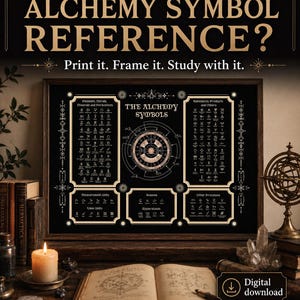Puede incluir: Un p&oacute;ster negro y dorado titulado THE ALCHEMY SYMBOLS que presenta un diagrama circular central rodeado de tablas categorizadas de elementos, metales, minerales, sustancias y procesos. El texto dice NEED A QUICK ALCHEMY SYMBOL REFERENCE? Print it. Frame it. Study with it. Digital download.