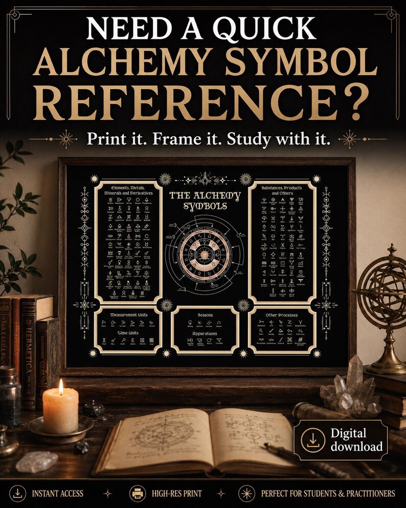 Puede incluir: Un p&oacute;ster negro y dorado titulado THE ALCHEMY SYMBOLS que presenta un diagrama circular central rodeado de tablas categorizadas de elementos, metales, minerales, sustancias y procesos. El texto dice NEED A QUICK ALCHEMY SYMBOL REFERENCE? Print it. Frame it. Study with it. Digital download.